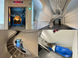 Indoor Tunnelrutsche im Bob Museum in St. Moritz, Röhrenrutschbahn durch die Museumsetagen, Spielraum